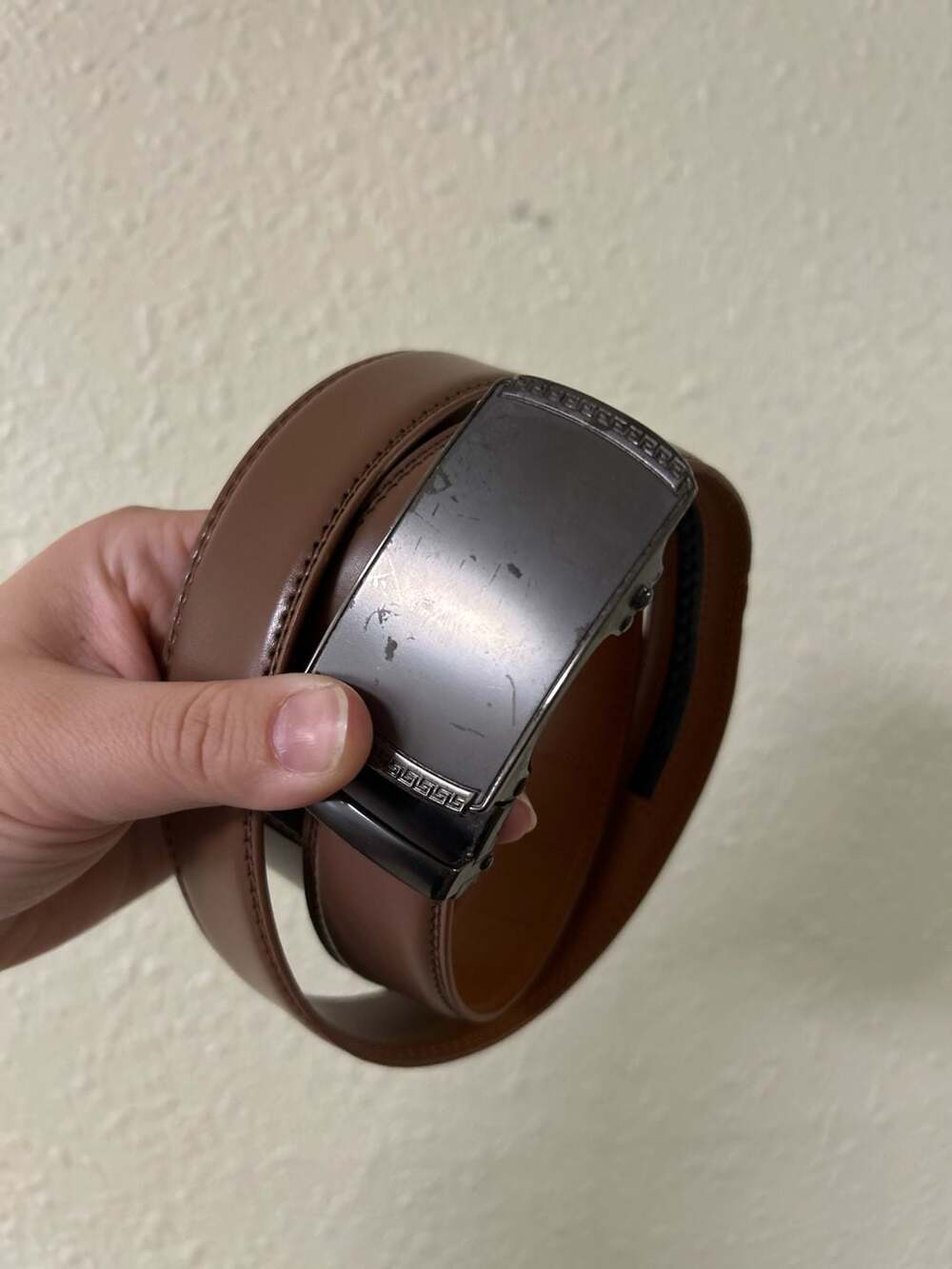 Bulliant Men's Brown Leather Ratchet Belt with Automatic Slide Buckle